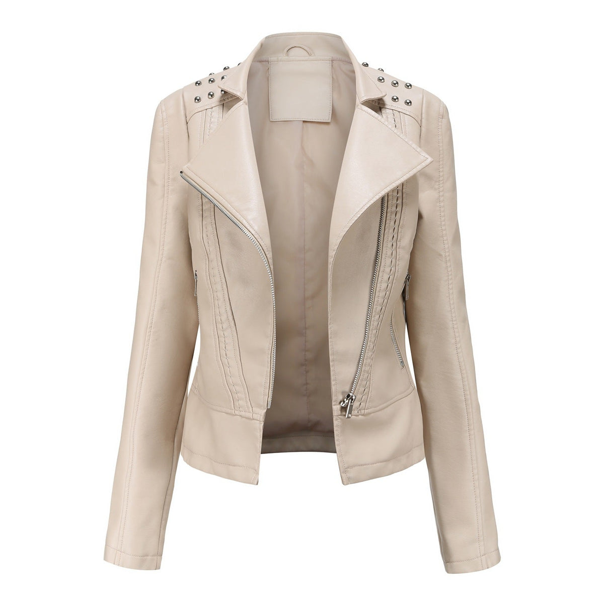 Women's Asymmetric Zip Moto Jacket with Stud Shoulder Detail