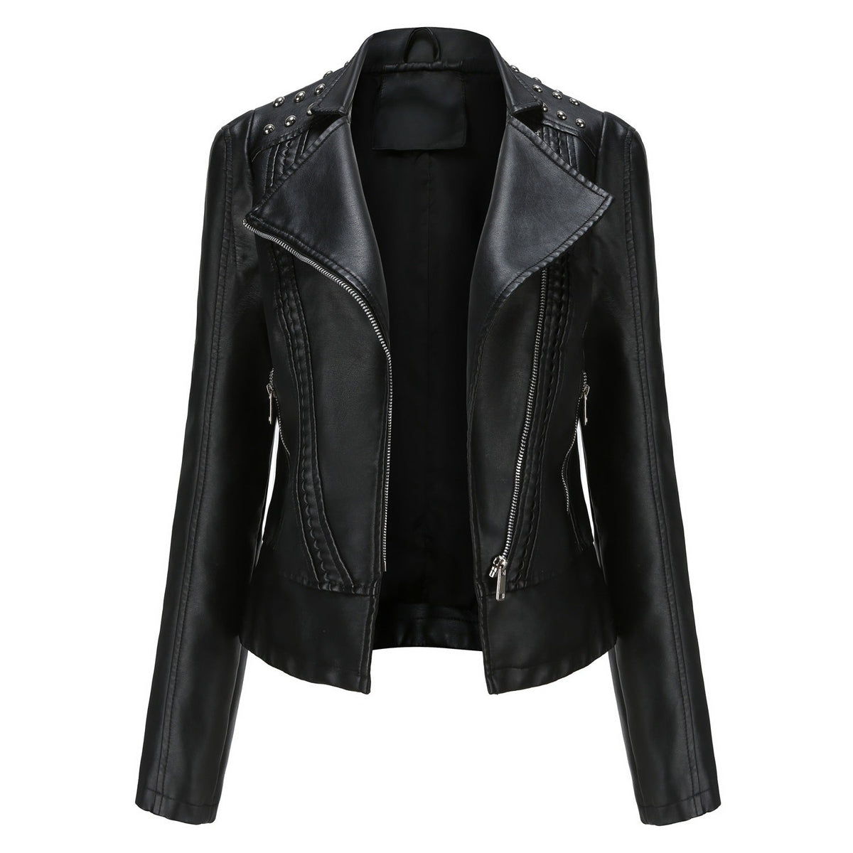Women's Asymmetric Zip Moto Jacket with Stud Shoulder Detail