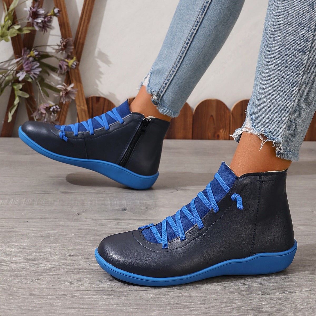 Women's Ankle Boots with Elastic Lacing and Side Zip | Leather Look Upper, Flexible Rubber Sole | Sizes 5.5-11, 6 Colors