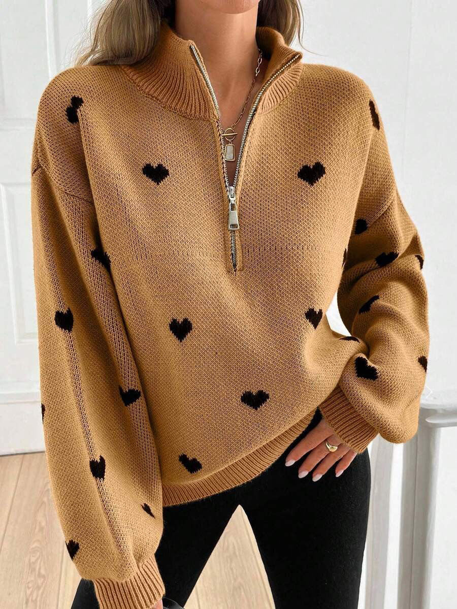 Signy Heart Print Quarter-Zip Sweater