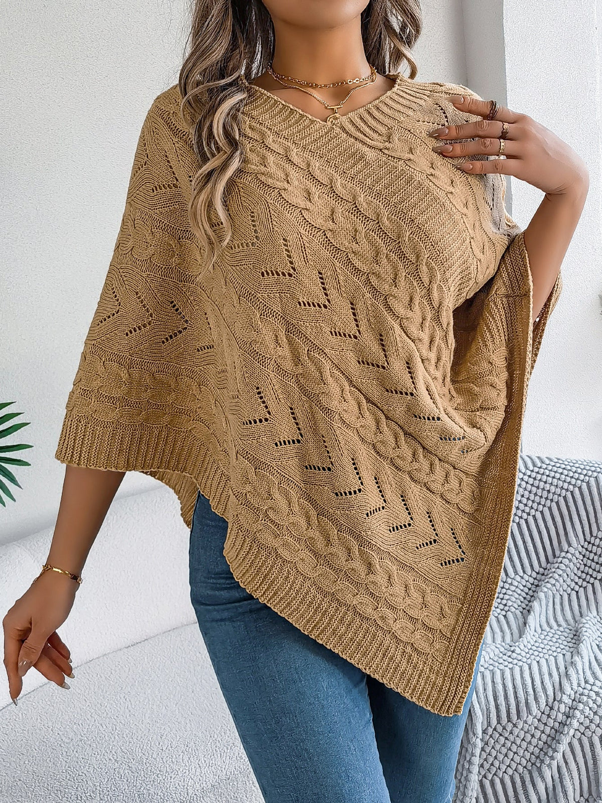 Dalila Cable Knit V-Neck Cape Poncho