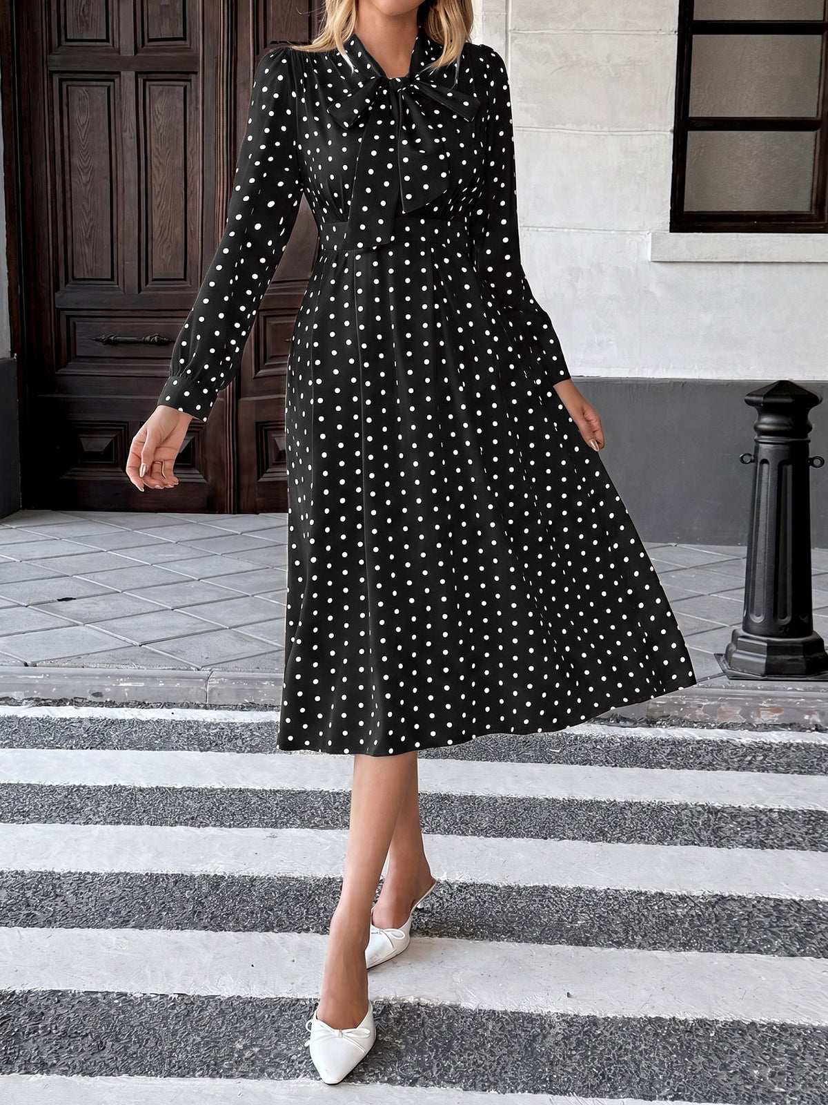 Vanja Polka Dot Tie Neck Pleated Midi Dress