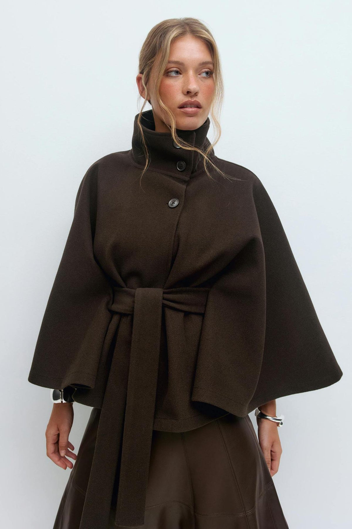 Anneke Button-Front Belted Cape Coat