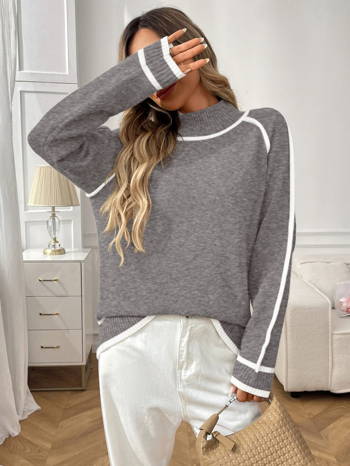 Isaline Contrast-Trim Mock Neck Sweater