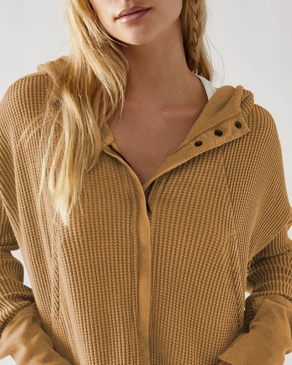Christina | Womens Cropped Zip Hoodie in Waffle Cotton | Snug Hood, Textured Fabric | Pine, Blue and More S-XL