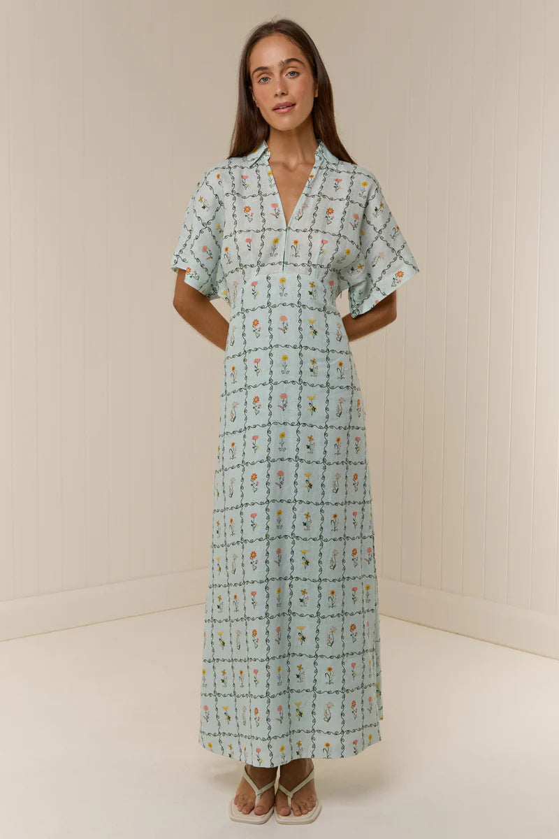 Aurelie Linen Floral Collared Maxi Dress