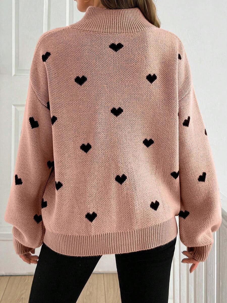Signy Heart Print Quarter-Zip Sweater