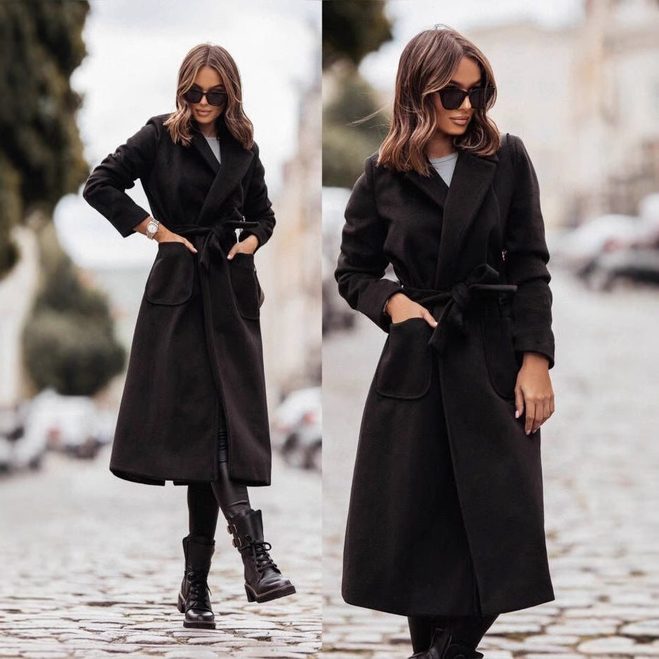 Women's Belted Wrap Coat with Notch Collar and Pockets