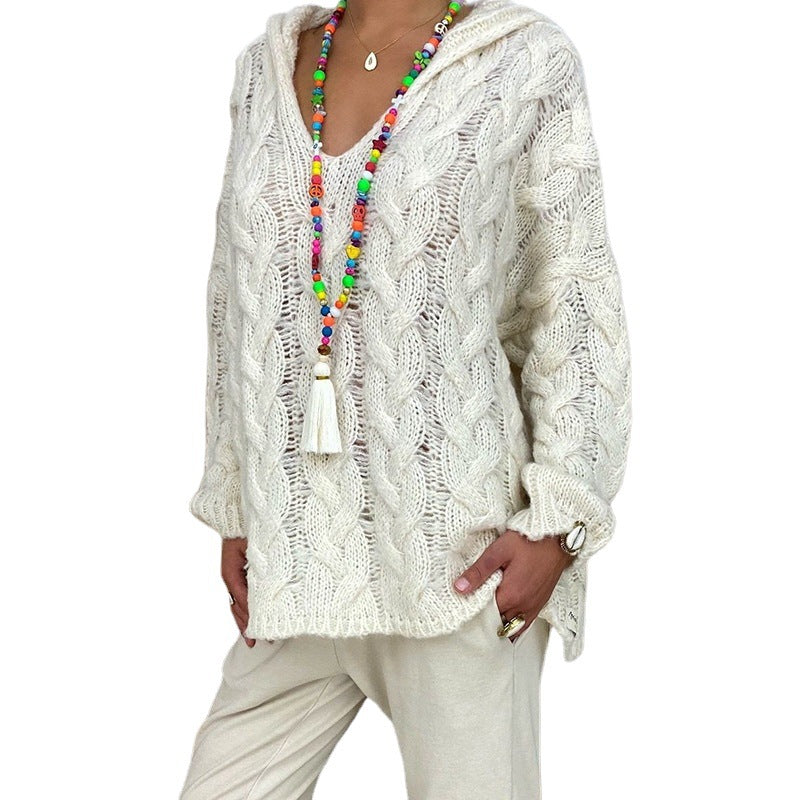 Women's Oversized Cable Knit Hooded Sweater V-Neck