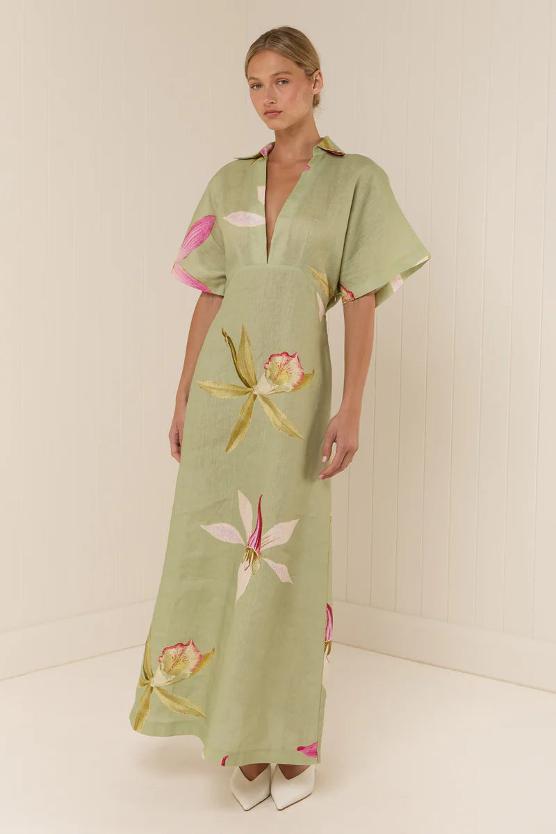 Aurelie Linen Floral Collared Maxi Dress