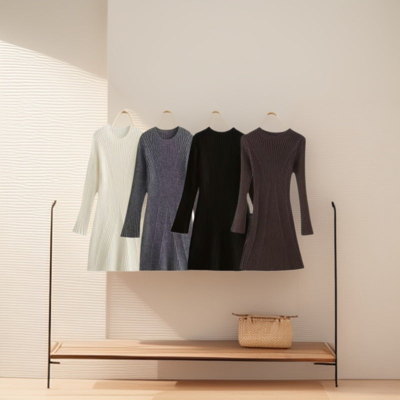 Women's Ribbed Knit Dress with Flared Cuffs | Round Neck, A Line Shape, Long Sleeves | Sizes S-L, 4 Colors