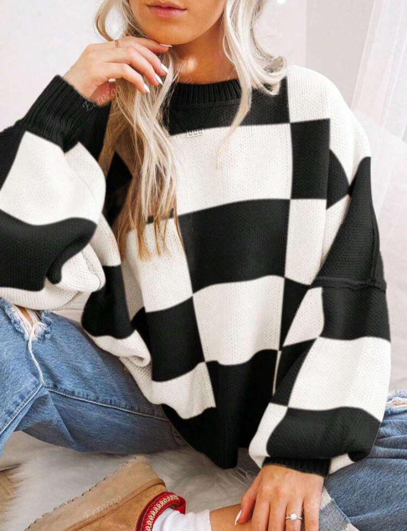 Aemilia Checkerboard Oversized Crew Sweater