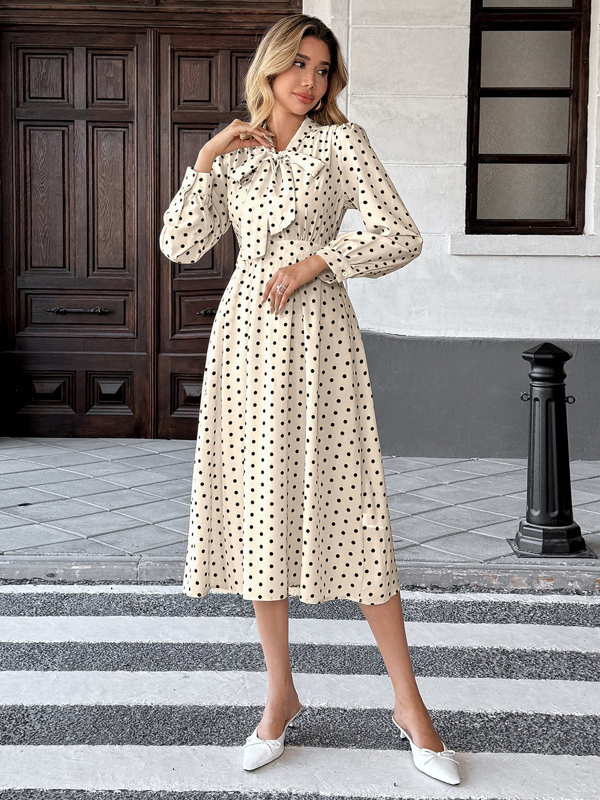 Vanja Polka Dot Tie Neck Pleated Midi Dress