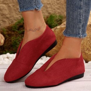Women's V-Cut Slip-On Flat Shoes with Rounded Toe