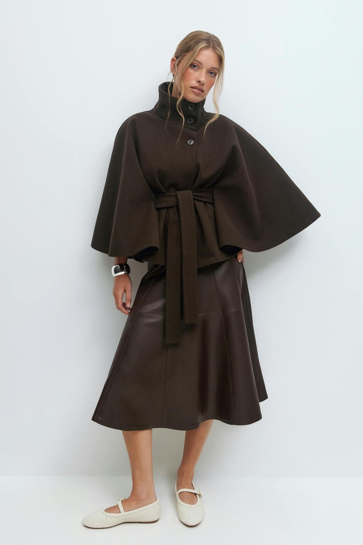 Anneke Button-Front Belted Cape Coat
