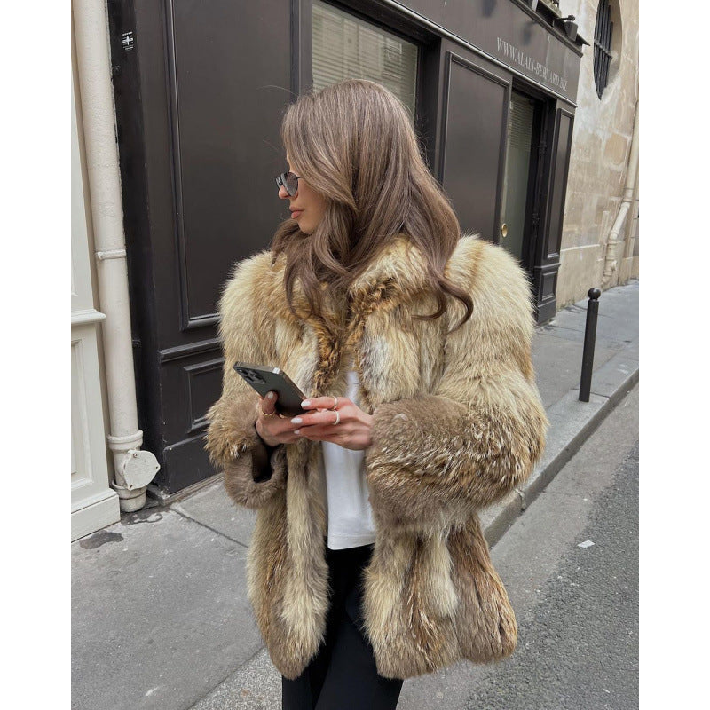 Women's Shaggy Faux Fur Coat with Stand Collar
