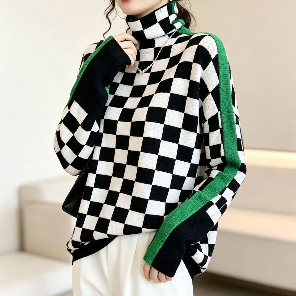 Women's Striped High Neck Pullover Sweater, Long Sleeves