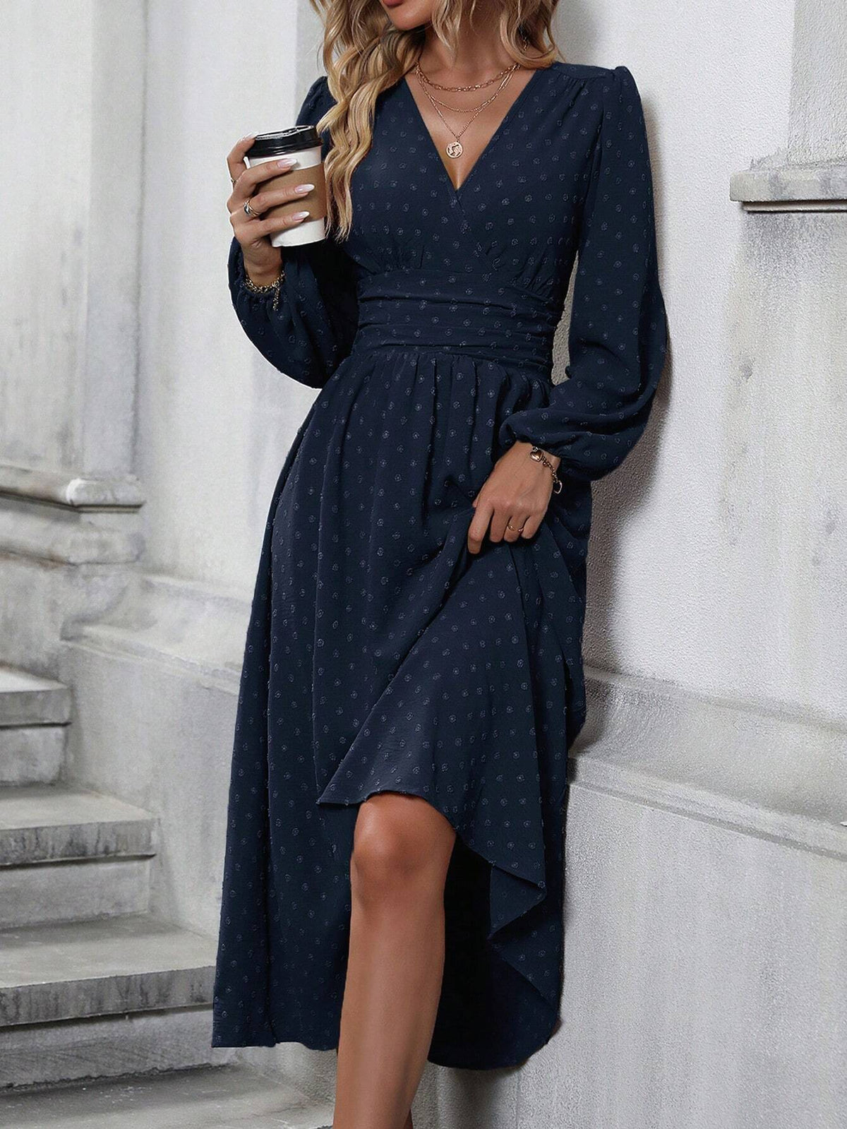 Fedora Swiss Dot Lantern Sleeve Midi Dress