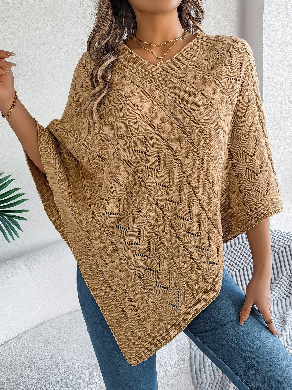 Dalila Cable Knit V-Neck Cape Poncho
