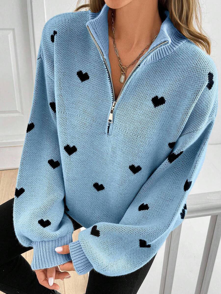 Signy Heart Print Quarter-Zip Sweater