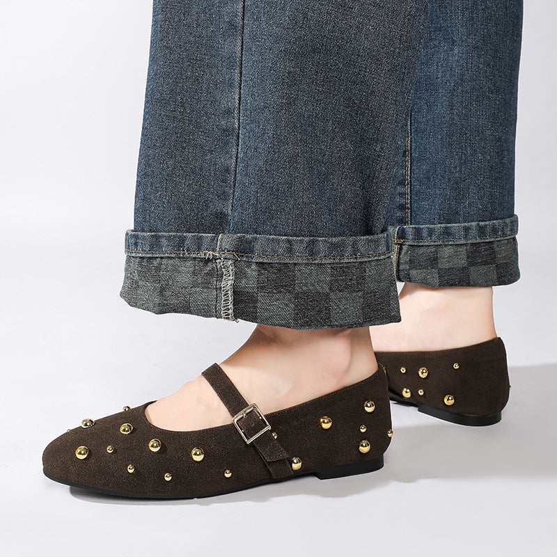 Verina Studded Suede Mary Jane Flats