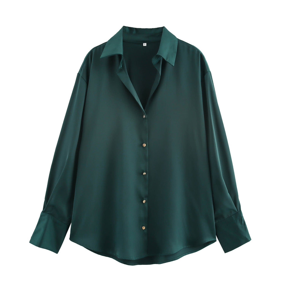 Women's Oversized Satin Button Up Blouse | Shirt Collar, Extended Cuffs, Rounded Hem | Sizes S to L, 9 Colors