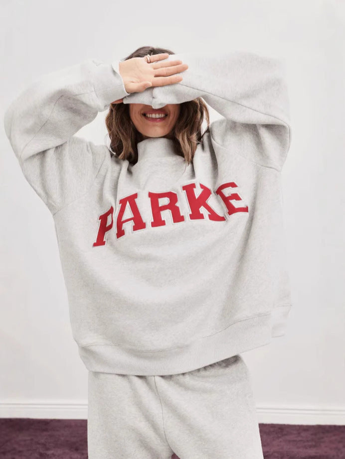 Women's Oversized Varsity Sweatshirt, Mock Neck, Long Sleeves