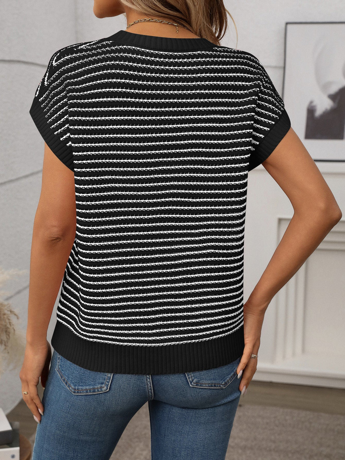 Irene Striped Textured Cap Sleeve Knit Top