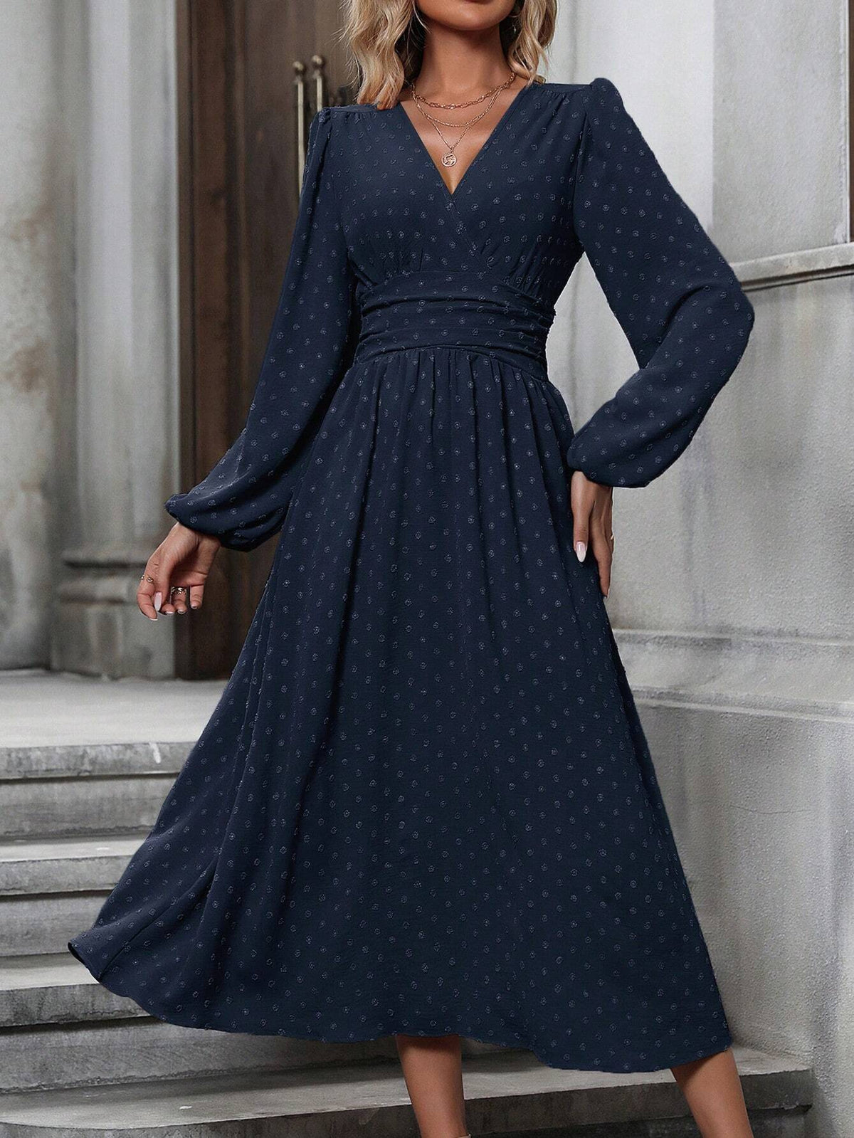 Fedora Swiss Dot Lantern Sleeve Midi Dress