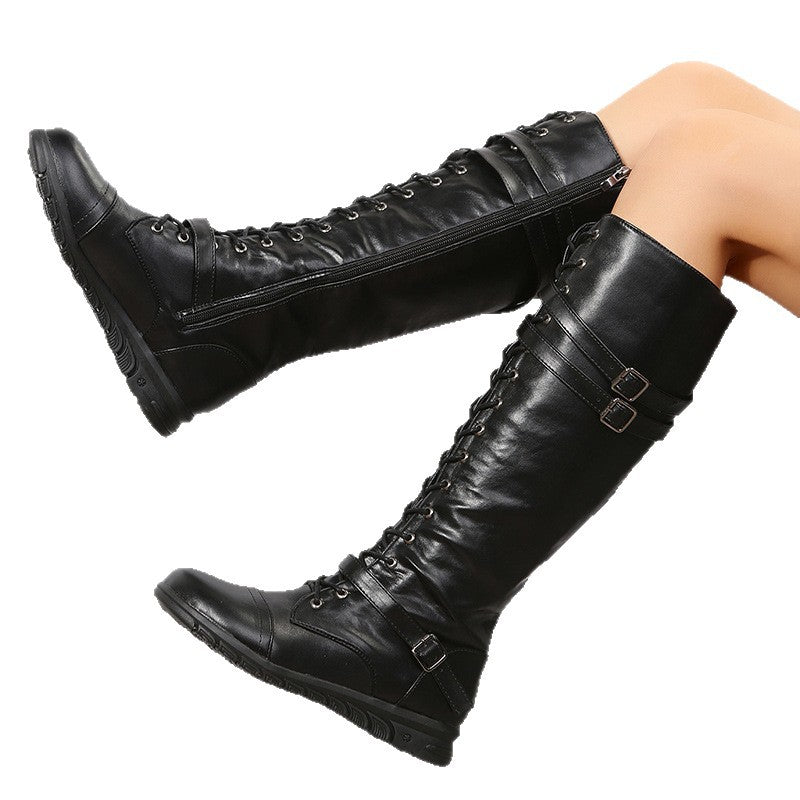 Women's Buckle Knee High Boots in a Leather Look | Full Height Lacing, Shock Absorbing Lug Sole | Sizes 5.5-11, 3 Colors