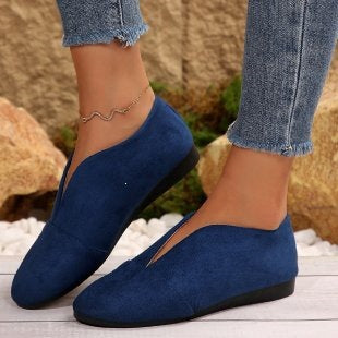 Women's V-Cut Slip-On Flat Shoes with Rounded Toe