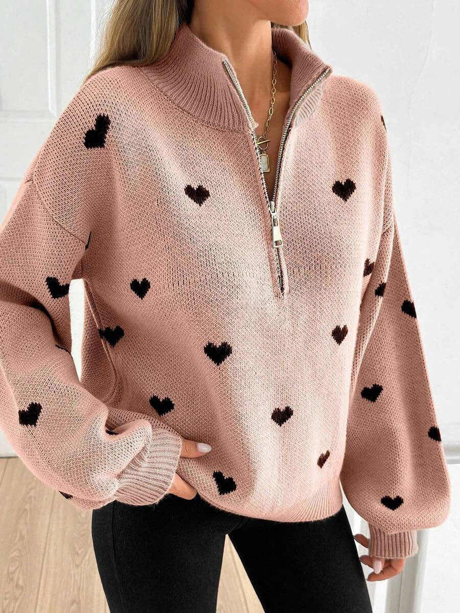 Signy Heart Print Quarter-Zip Sweater
