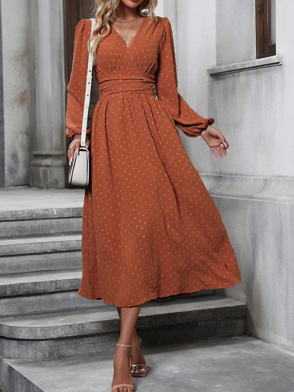 Fedora Swiss Dot Lantern Sleeve Midi Dress