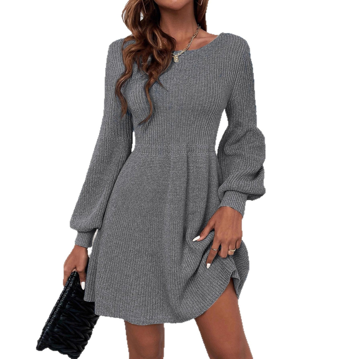 Women's Short Knit Dress with Balloon Sleeves | Ribbed Texture, Round Neck, Flared Skirt | Sizes S-2XL, 3 Colors