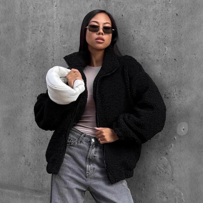Women's Oversized Teddy Jacket High Collar Zip Front