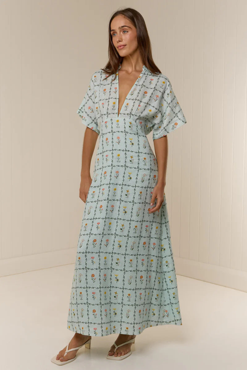 Aurelie Linen Floral Collared Maxi Dress