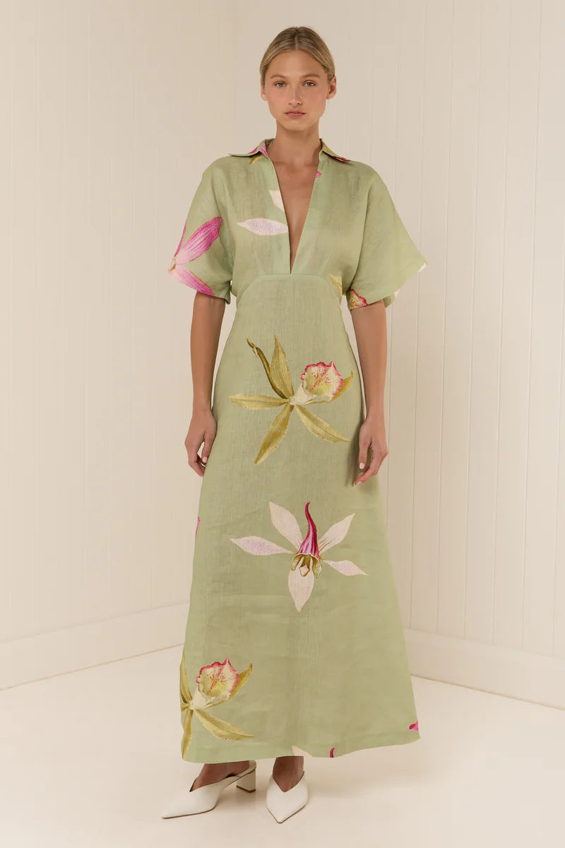 Aurelie Linen Floral Collared Maxi Dress
