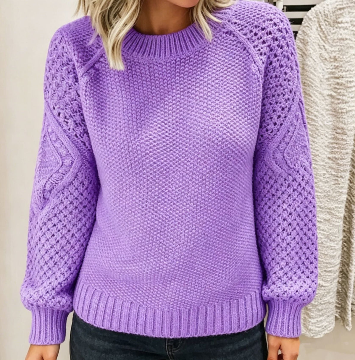 Women's Cable-Knit Sweater with Open-Knit Sleeves