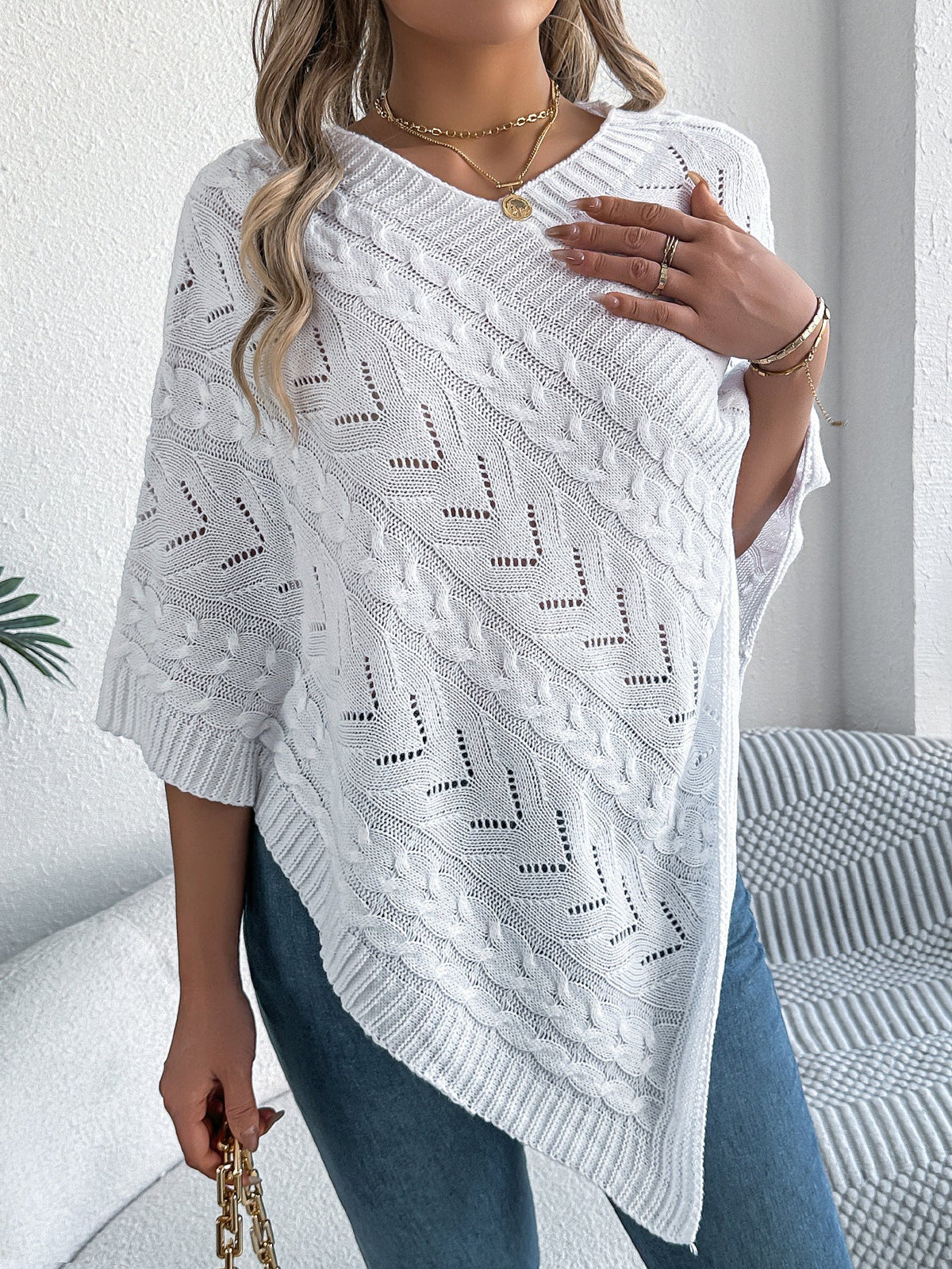 Dalila Cable Knit V-Neck Cape Poncho
