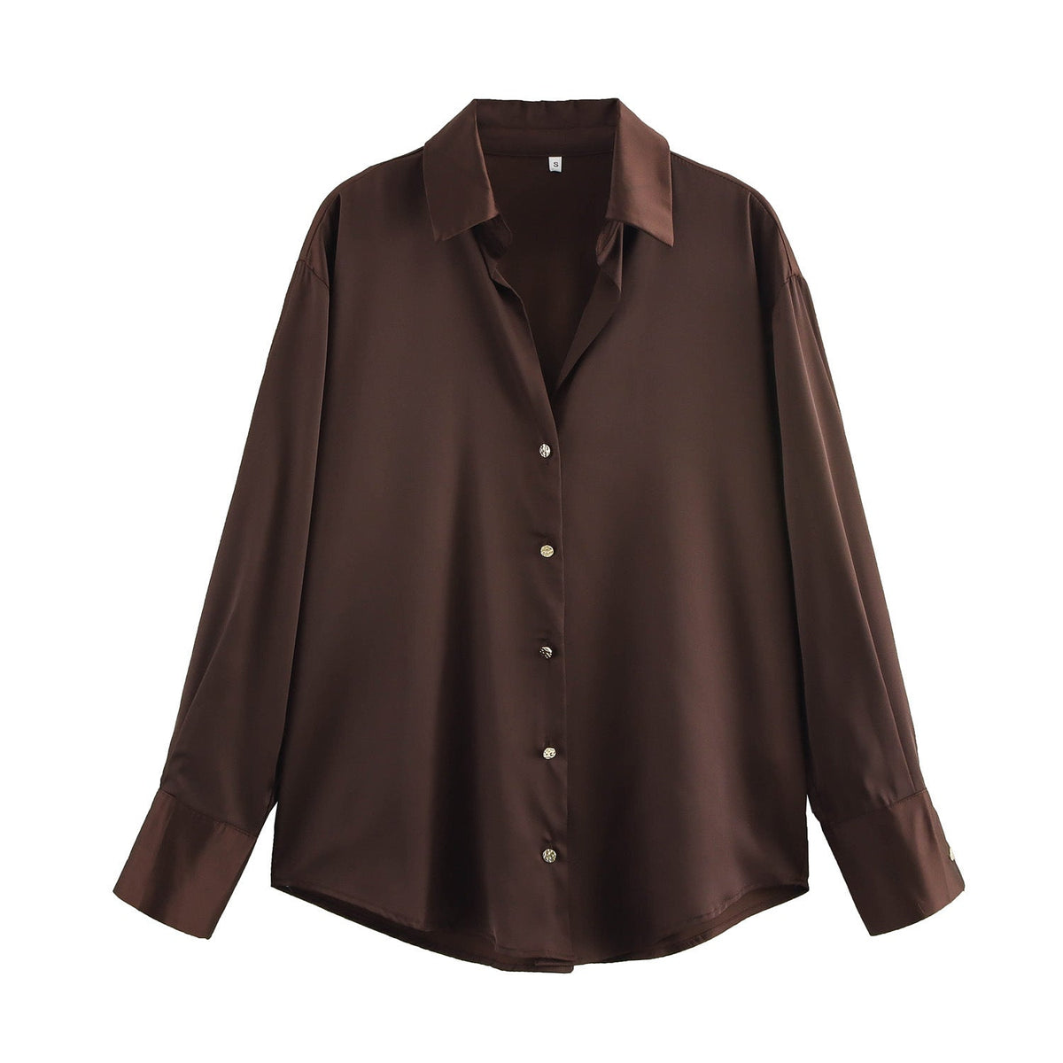 Women's Oversized Satin Button Up Blouse | Shirt Collar, Extended Cuffs, Rounded Hem | Sizes S to L, 9 Colors