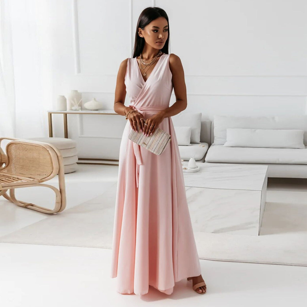 Women's Bridesmaid Wrap Maxi Dress – V-Neck Wedding Guest Occasion Dress