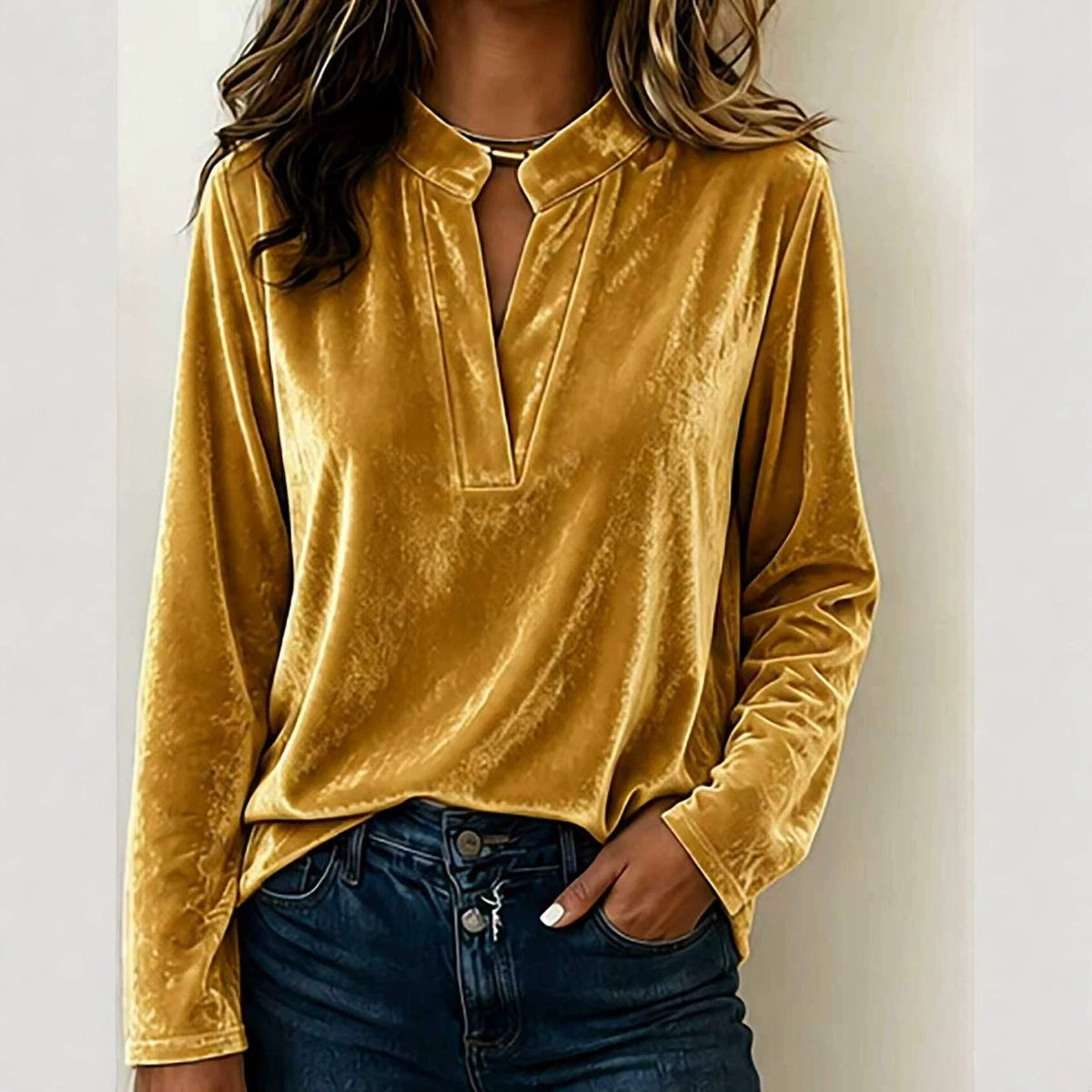 Women's Velvet Top with Stand Collar and Deep V Opening | Long Sleeves, Loose Cut | Sizes S to 3XL