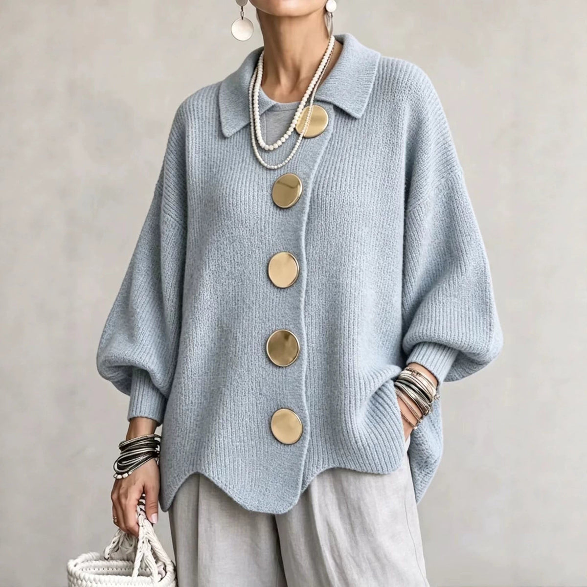 Women's Oversized Ribbed Cardigan, Collared Neck, Button Front