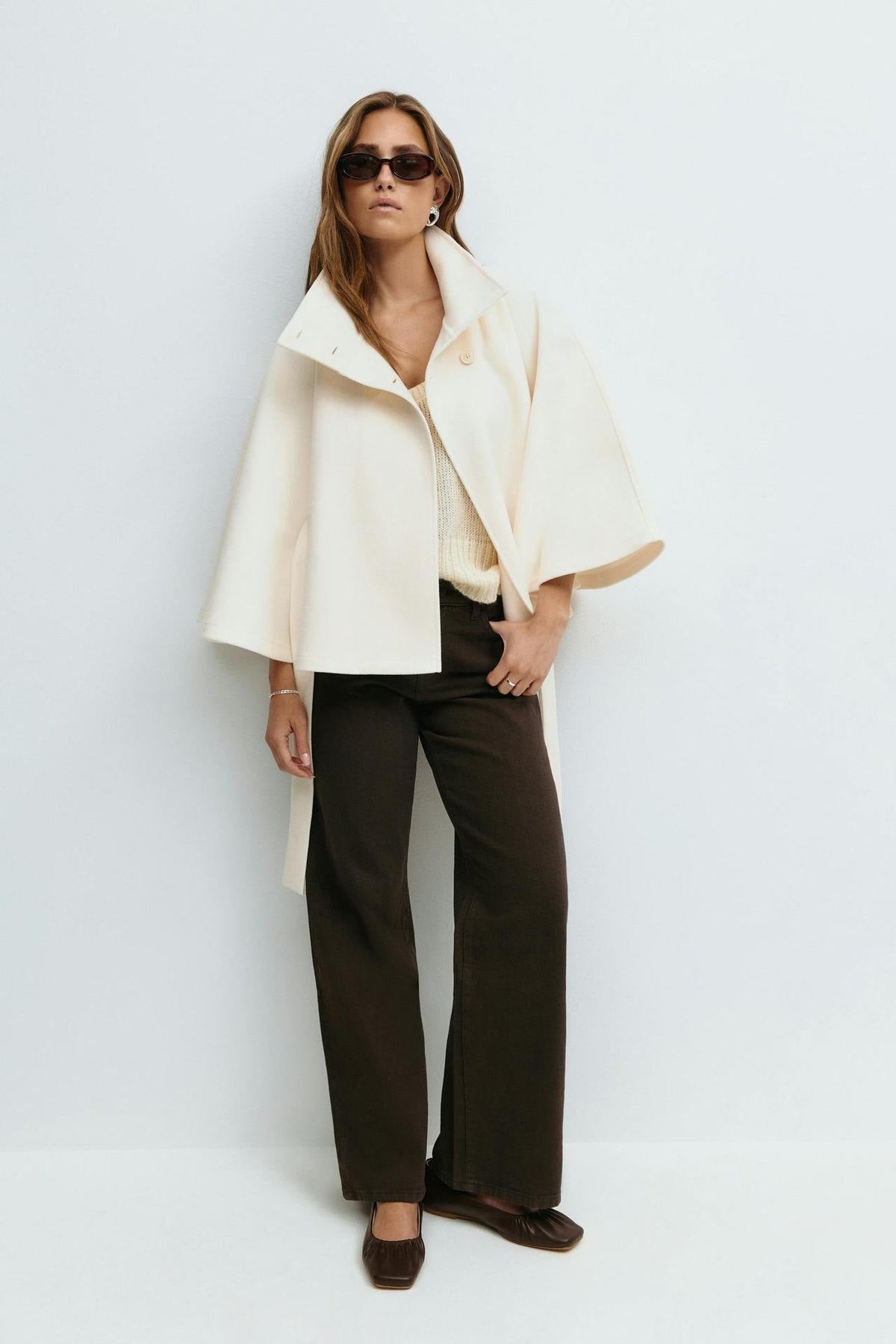 Anneke Button-Front Belted Cape Coat