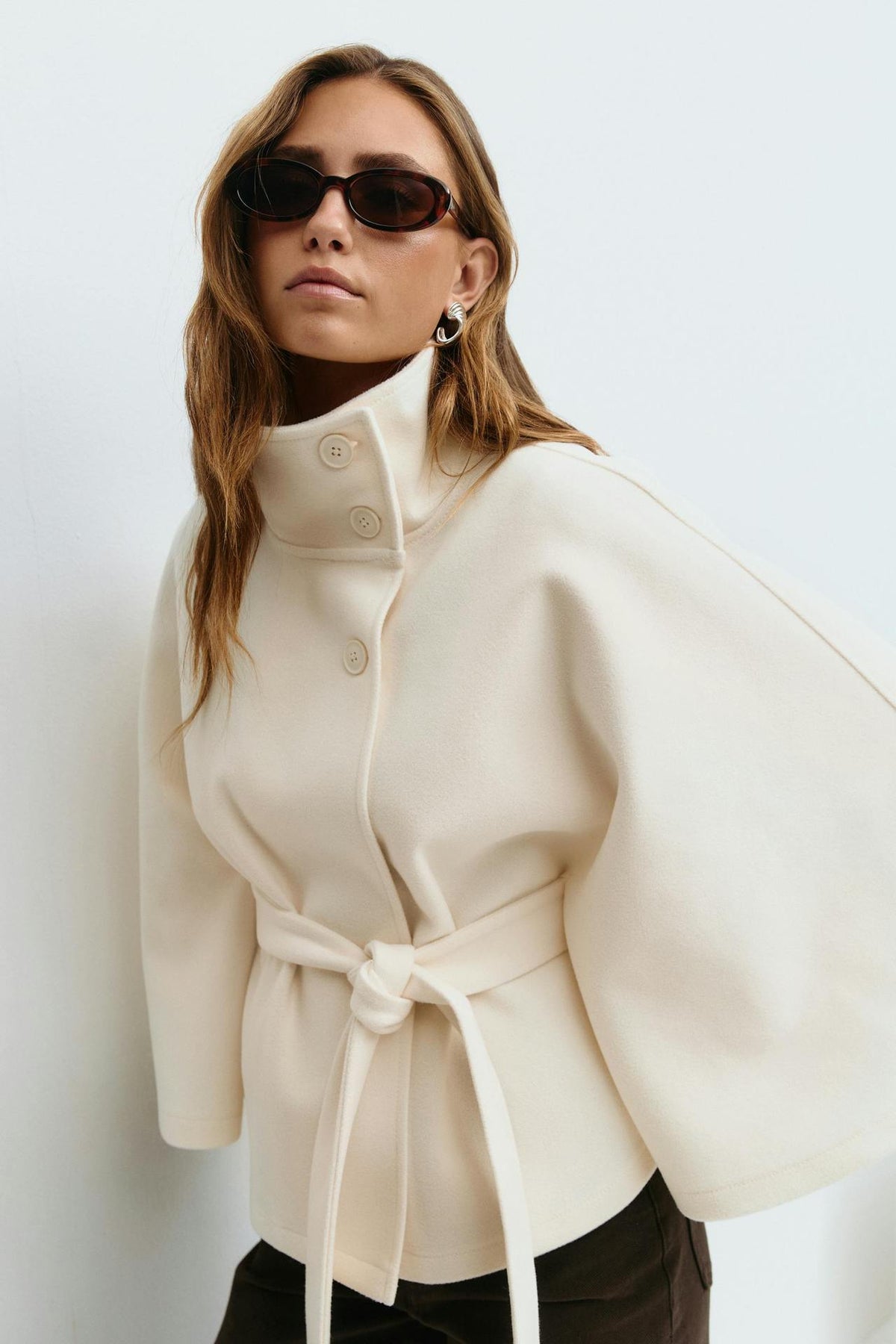Anneke Button-Front Belted Cape Coat