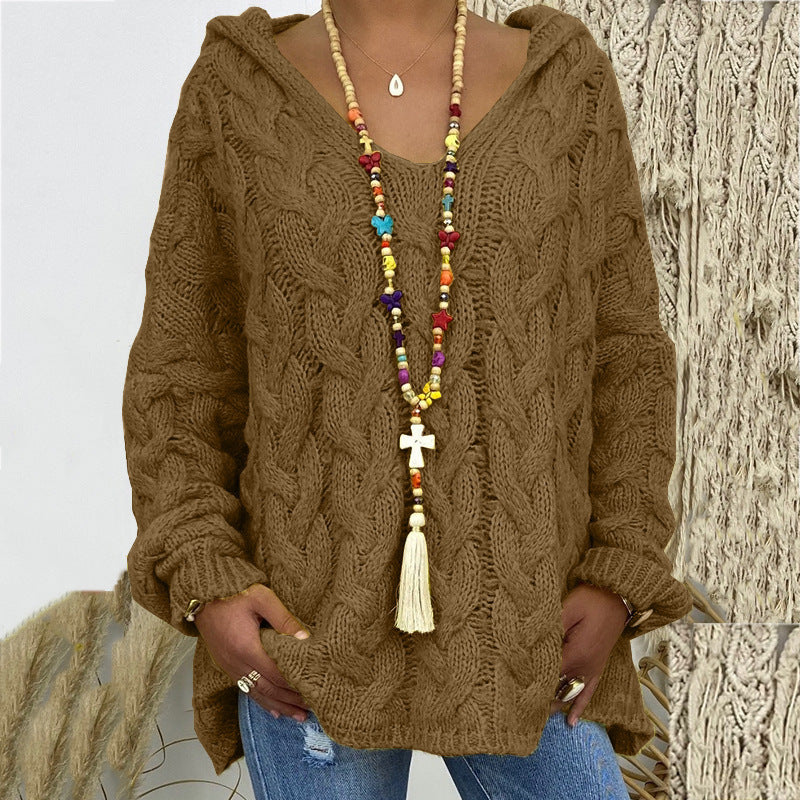 Women's Oversized Cable Knit Hooded Sweater V-Neck