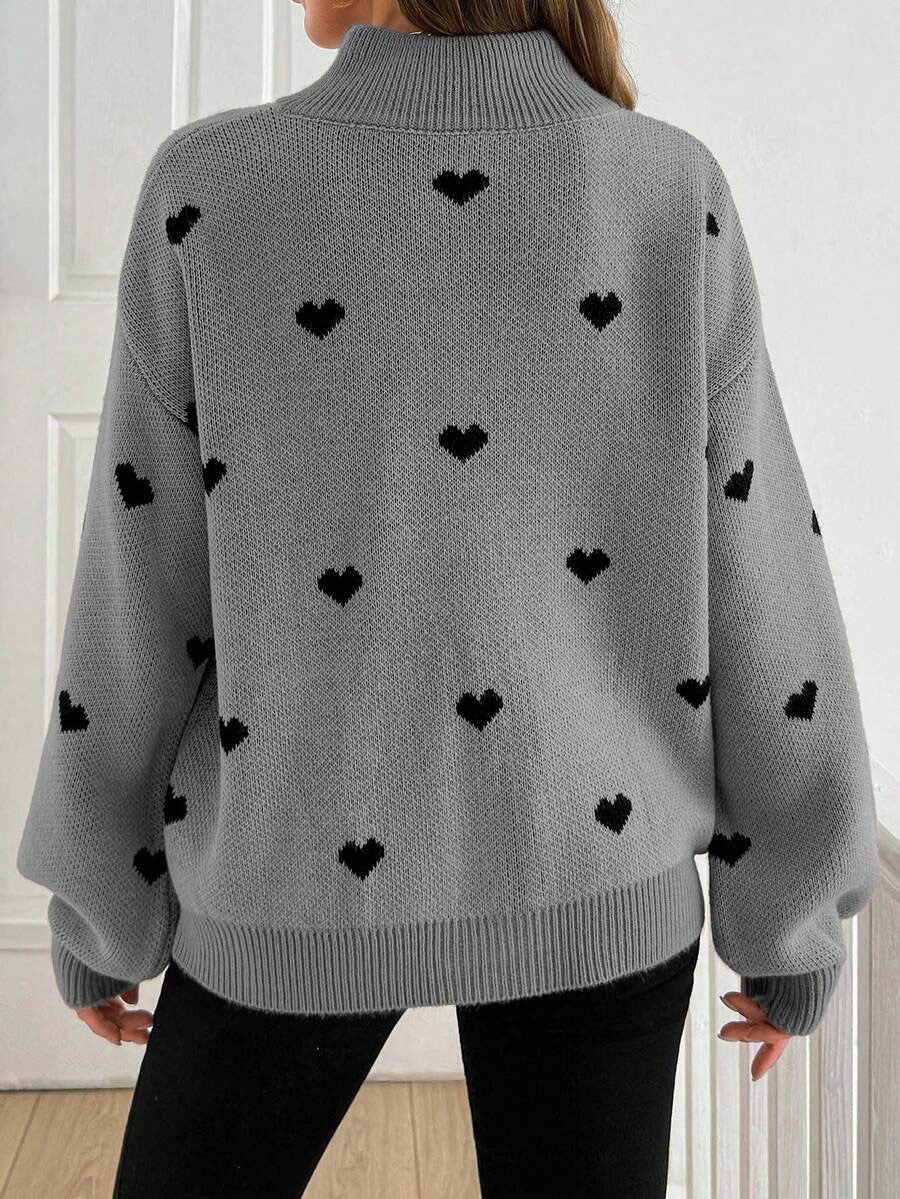 Signy Heart Print Quarter-Zip Sweater