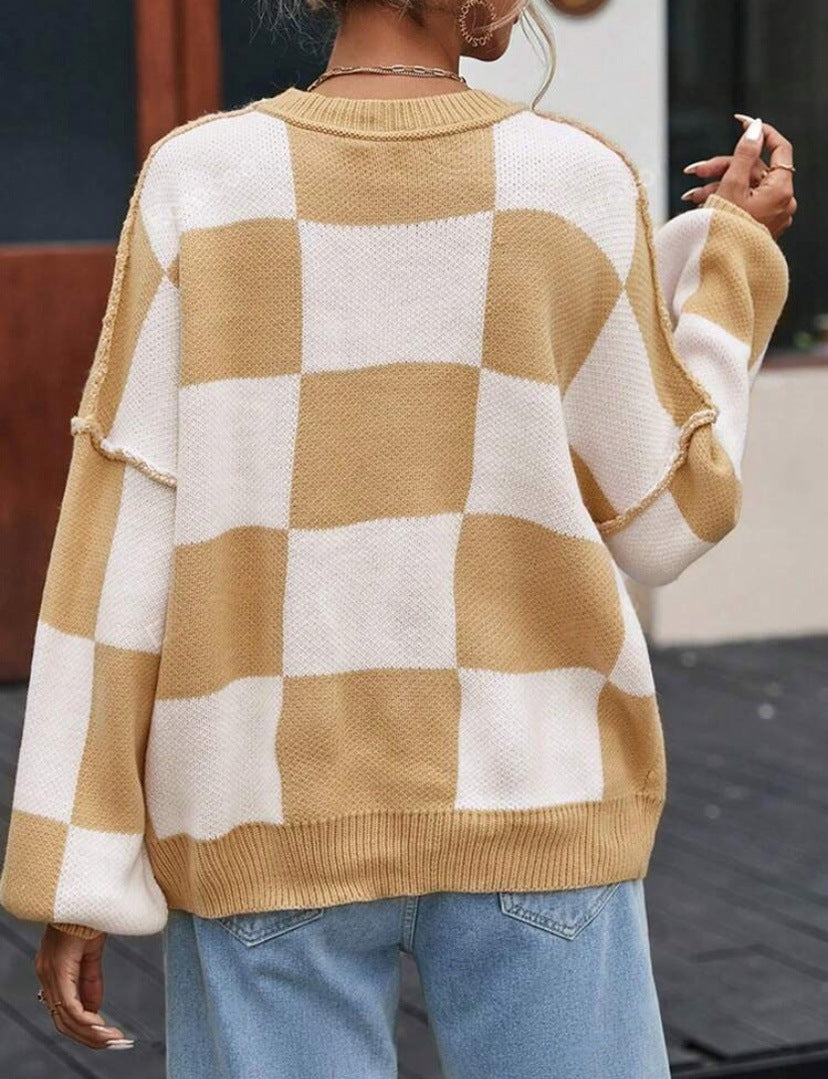 Aemilia Checkerboard Oversized Crew Sweater