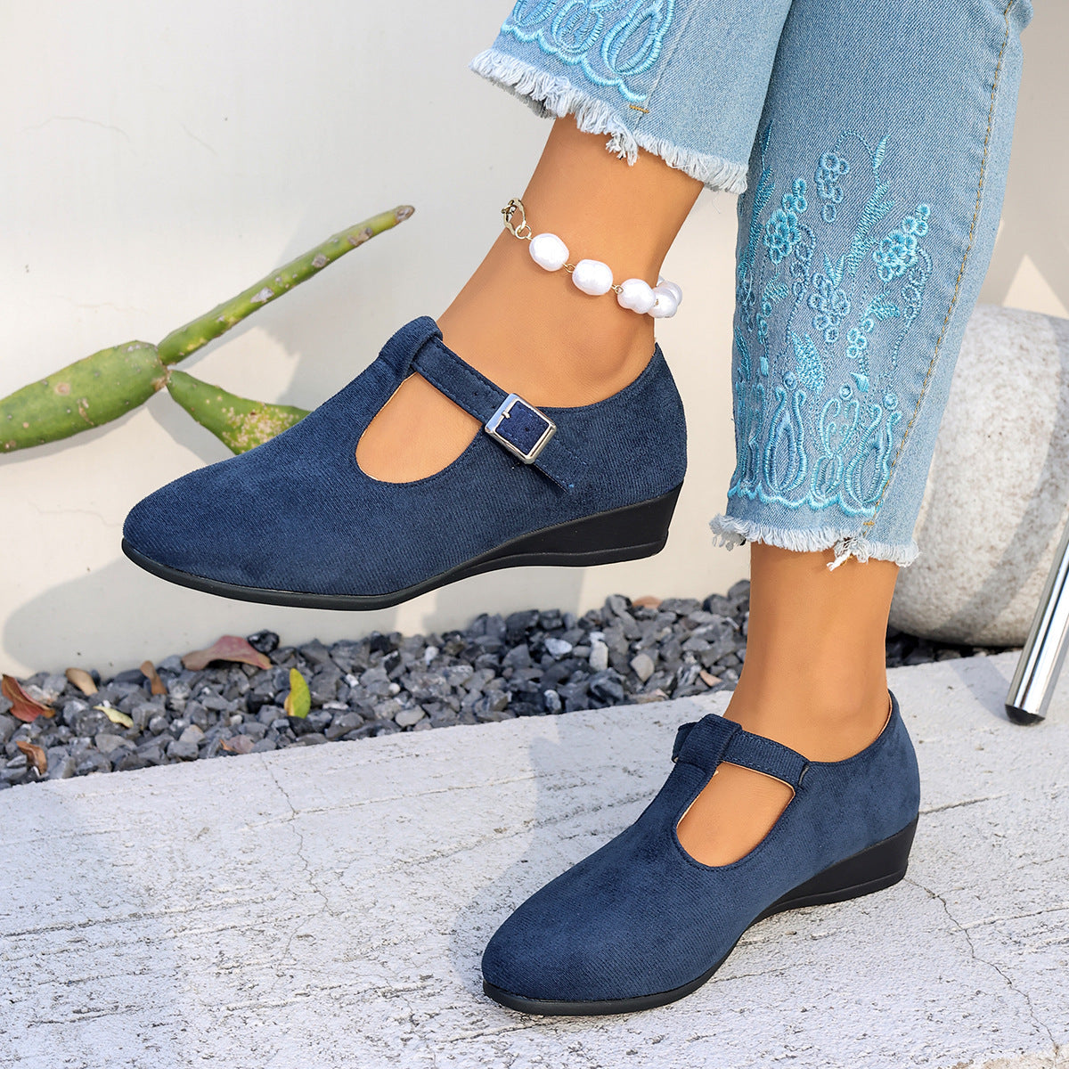 Cosette T-Strap Suede Wedge Mary Janes