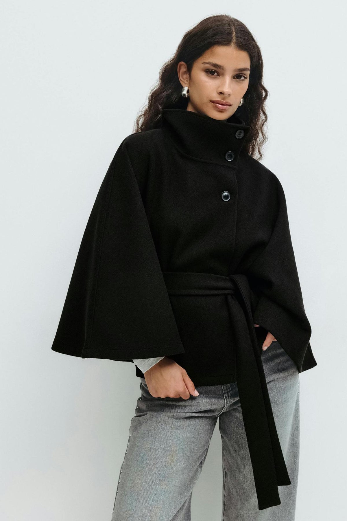 Anneke Button-Front Belted Cape Coat